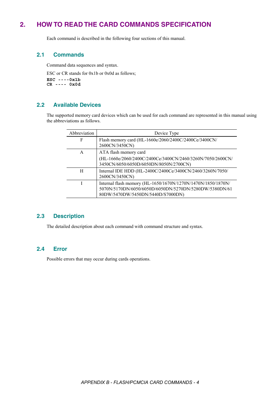 How to read the card commands specification, 1 commands, 2 available devices | 3 description, 4 error, Commands, Available devices, Description, Error | Brother HL-2170W User Manual | Page 480 / 522