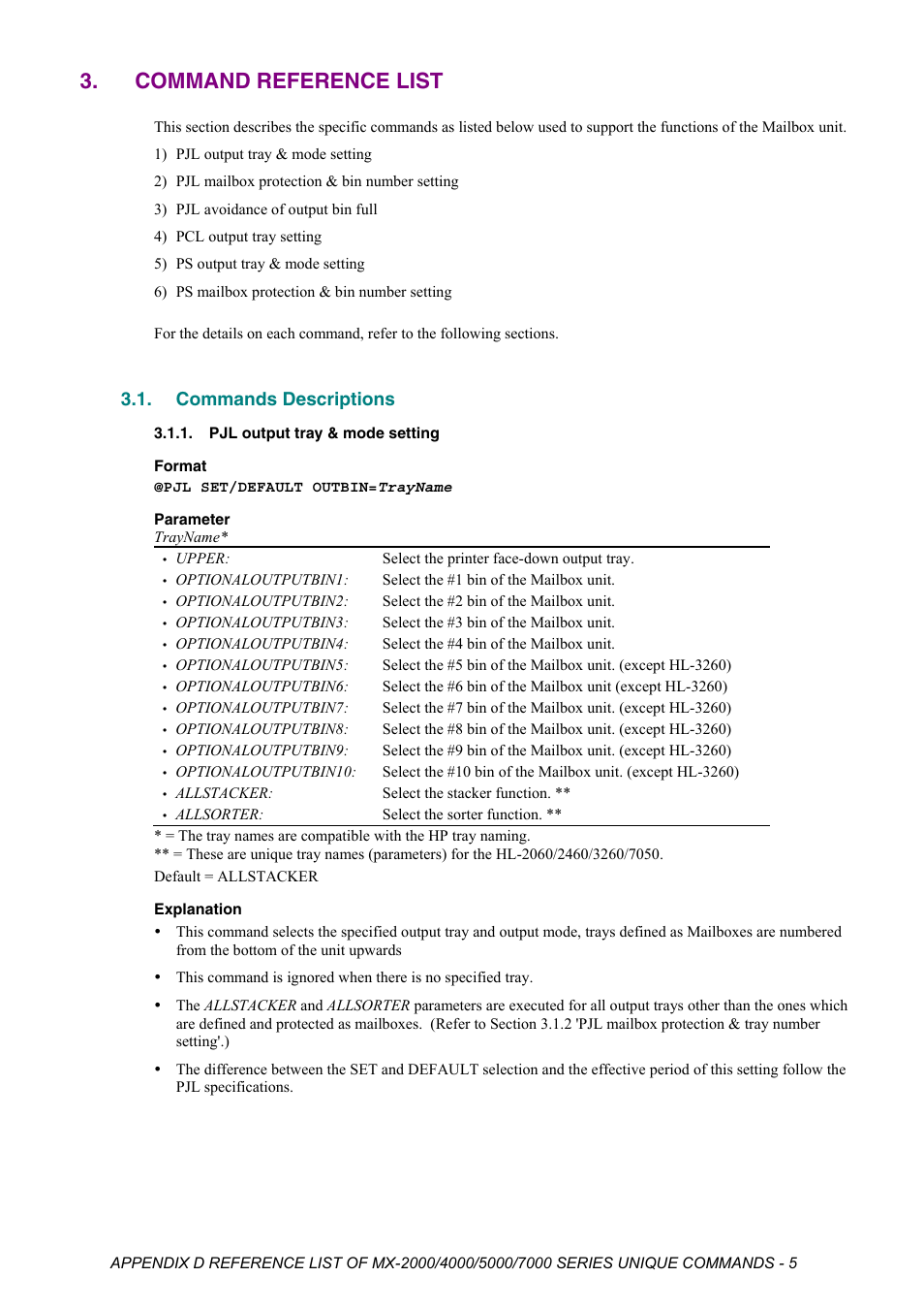 Command reference list, Commands descriptions, Pjl output tray & mode setting | Brother HL-2170W User Manual | Page 512 / 522