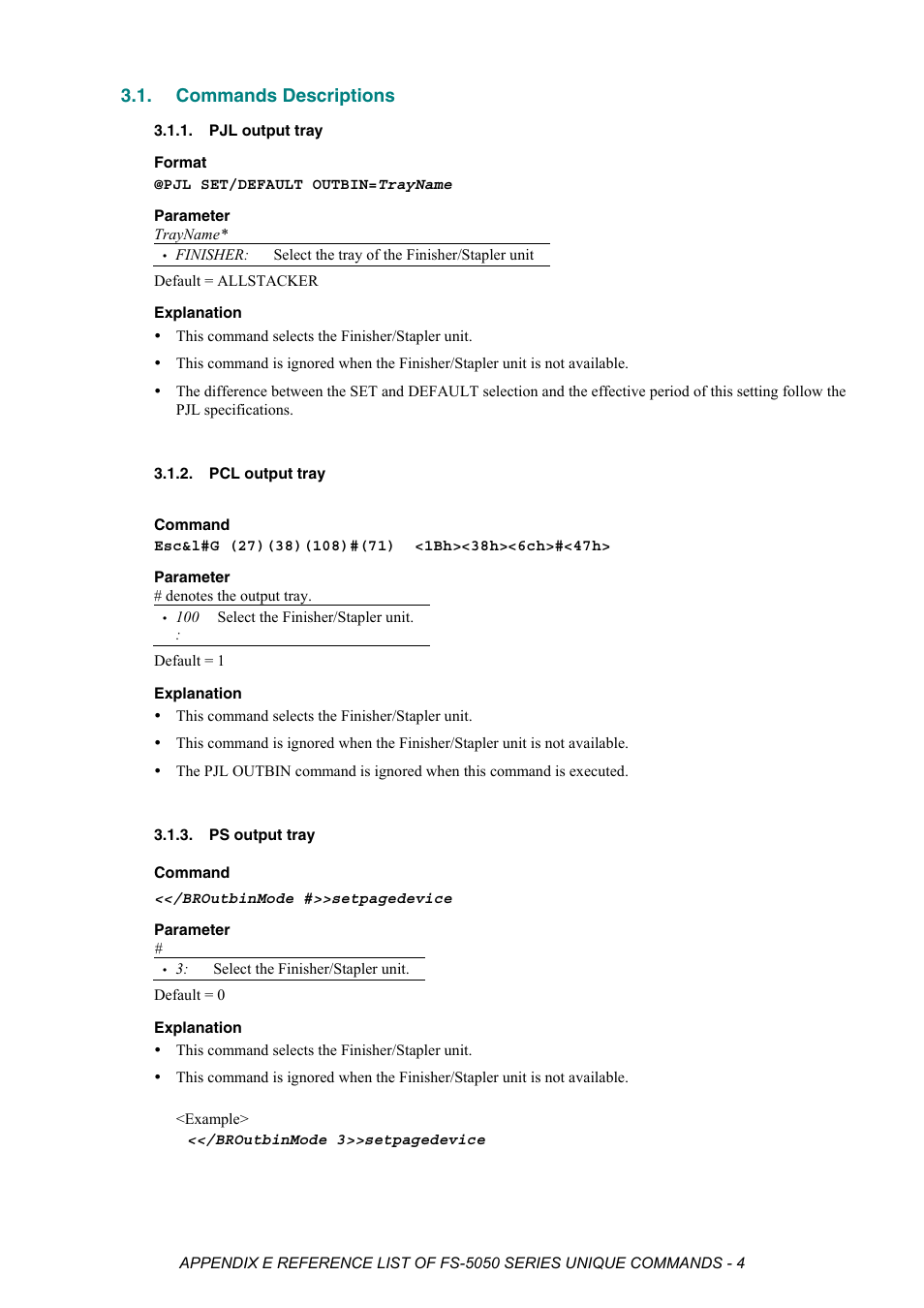 Commands descriptions, Pjl output tray, Pcl output tray | Ps output tray, Ps output tray command | Brother HL-2170W User Manual | Page 520 / 522