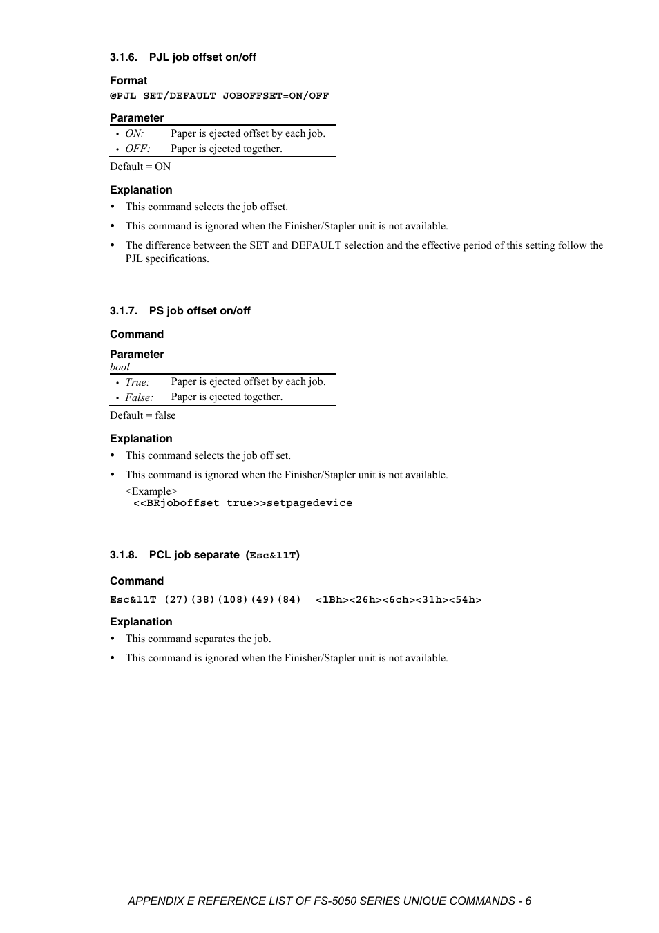 Pjl job offset on/off, Ps job offset on/off, Pcl job separate (esc&l1t) | Pcl job separate (esc&l1t) command | Brother HL-2170W User Manual | Page 522 / 522