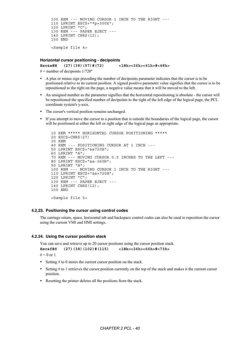 Positioning the cursor using control codes, Using the cursor position stack | Brother HL-2170W User Manual | Page 59 / 522