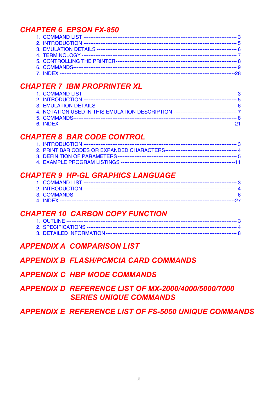 Chapter 6 epson fx-850, Chapter 7 ibm proprinter xl, Chapter 8 bar code control | Chapter 9 hp-gl graphics language, Chapter 10 carbon copy function | Brother HL-2170W User Manual | Page 6 / 522