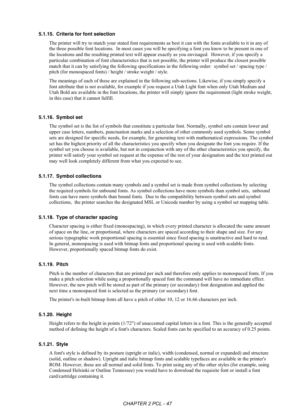 Criteria for font selection, Symbol set, Symbol collections | Type of character spacing, Pitch, Height, Style | Brother HL-2170W User Manual | Page 66 / 522