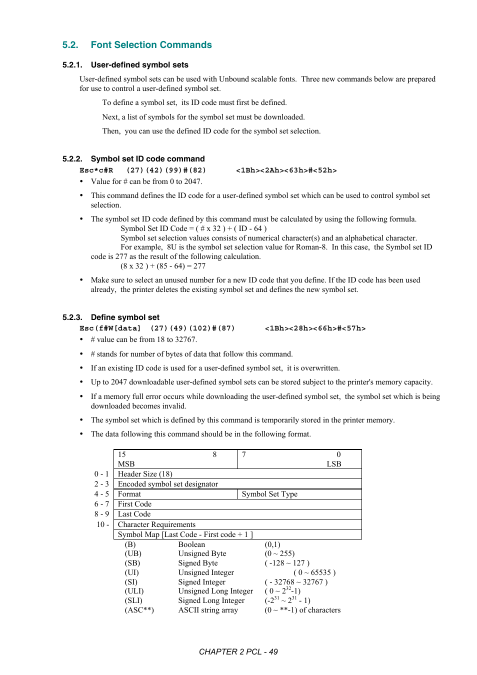 Font selection commands, User-defined symbol sets, Symbol set id code command | Define symbol set | Brother HL-2170W User Manual | Page 68 / 522