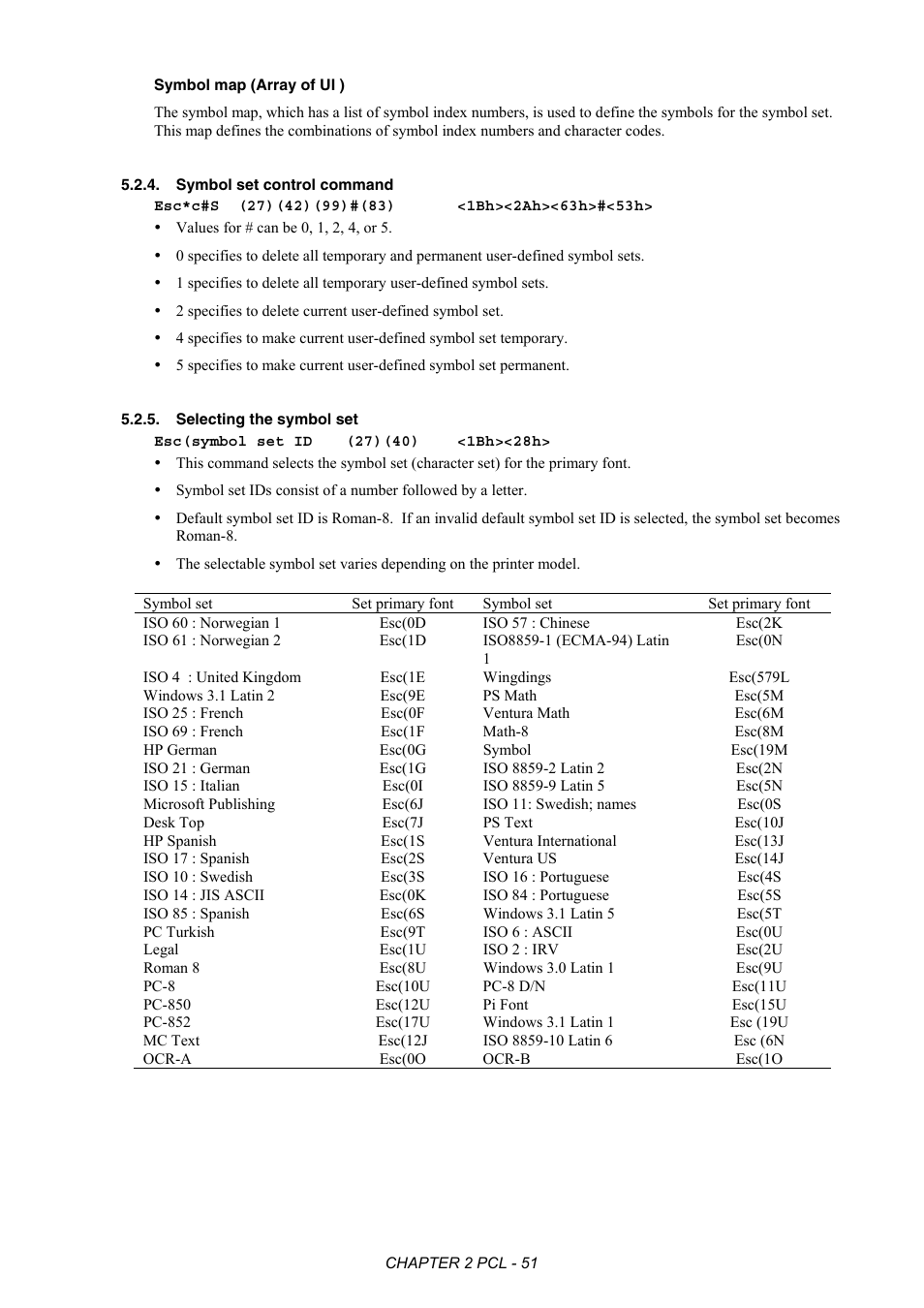 Symbol set control command, Selecting the symbol set | Brother HL-2170W User Manual | Page 70 / 522