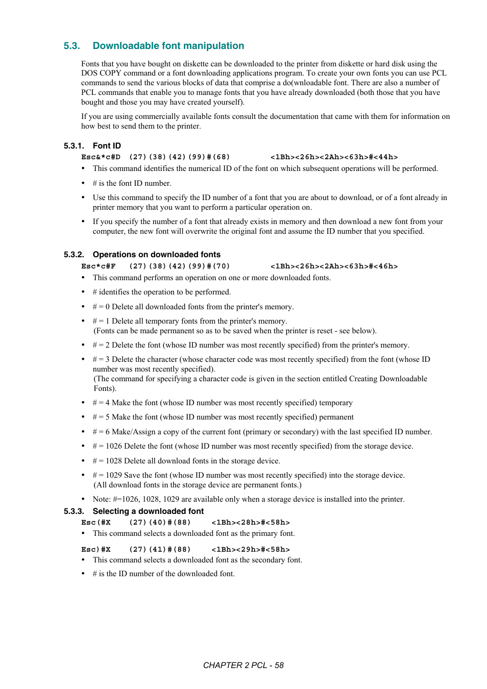 Downloadable font manipulation, Font id, Operations on downloaded fonts | Selecting a downloaded font | Brother HL-2170W User Manual | Page 77 / 522