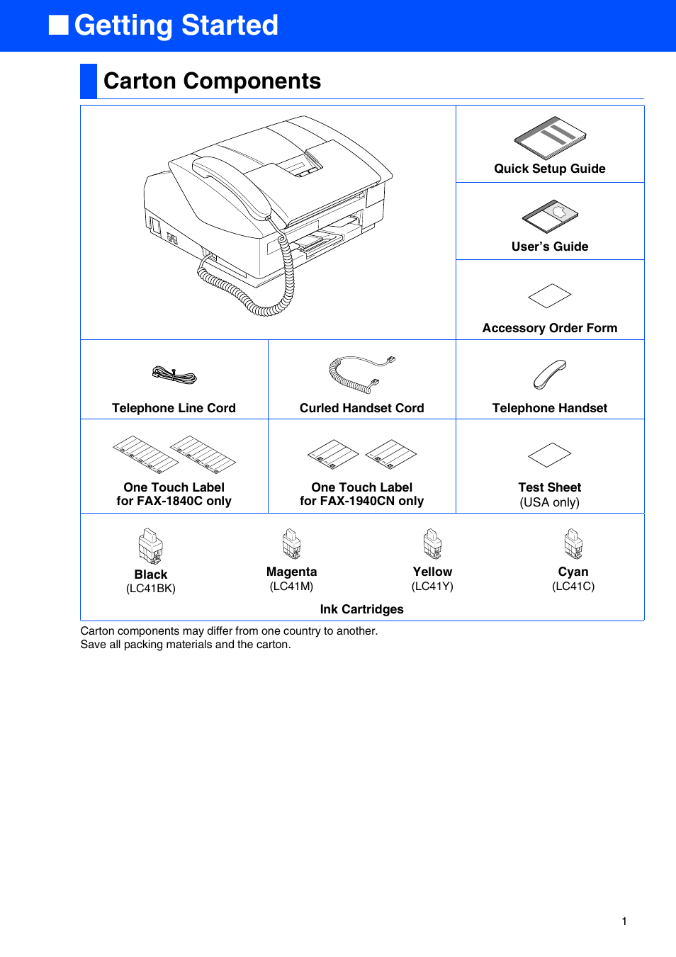 Getting started, Carton components | Brother FAX-1940CN User Manual | Page 3 / 18