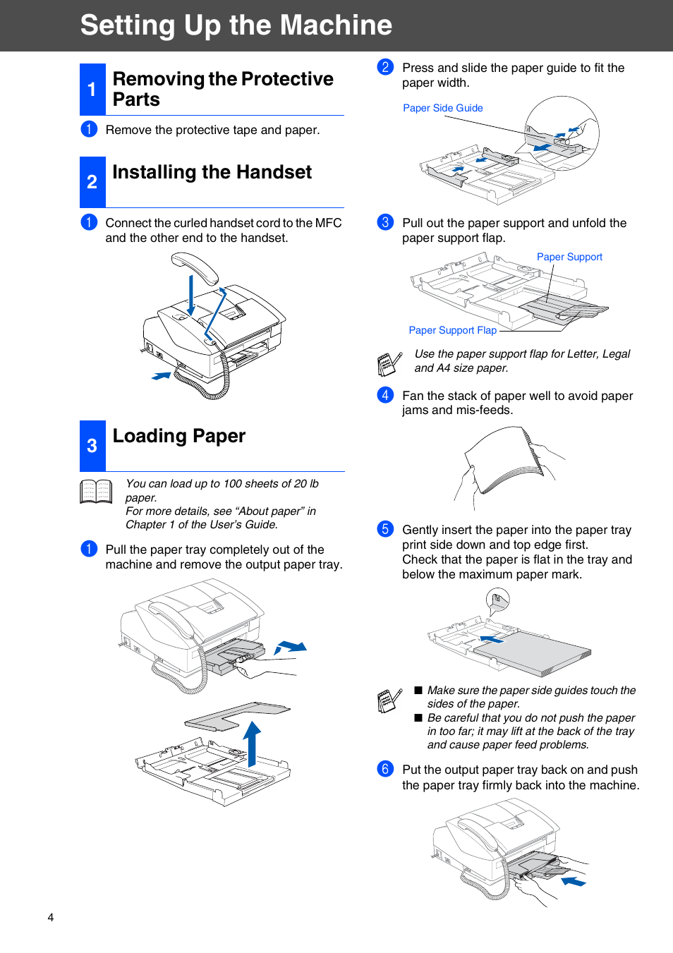 Setting up the machine, 1 removing the protective parts, 2 installing the handset | 3 loading paper, Removing the protective parts, Installing the handset, Loading paper | Brother FAX-1940CN User Manual | Page 6 / 18