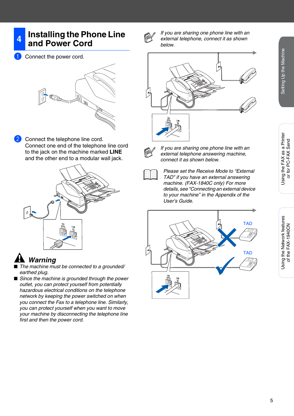 4 installing the phone line and power cord, Installing the phone line and power cord, 4installing the phone line and power cord | Warning | Brother FAX-1940CN User Manual | Page 7 / 18