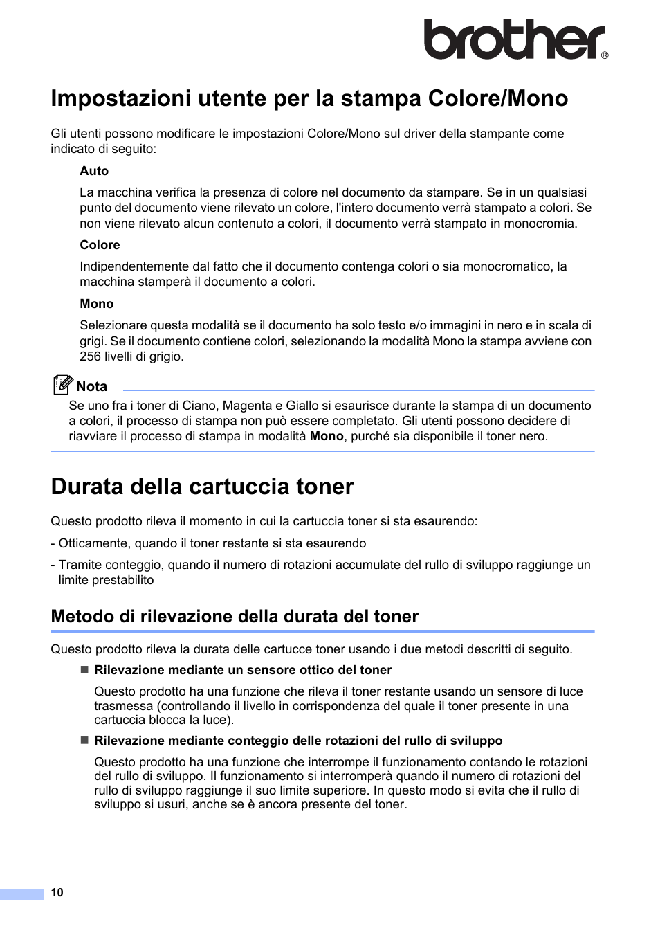 Italiano, Impostazioni utente per la stampa colore/mono, Durata della cartuccia toner | Metodo di rilevazione della durata del toner | Brother MFC-9465CDN User Manual | Page 10 / 16