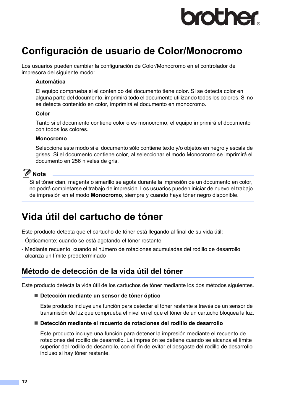 Español, Configuración de usuario de color/monocromo, Vida útil del cartucho de tóner | Método de detección de la vida útil del tóner | Brother MFC-9465CDN User Manual | Page 12 / 16