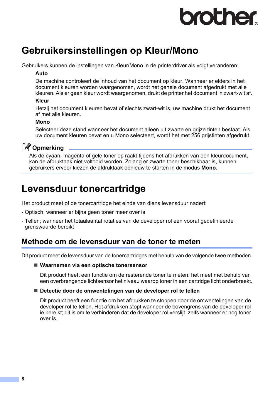 Nederlands, Gebruikersinstellingen op kleur/mono, Levensduur tonercartridge | Methode om de levensduur van de toner te meten | Brother MFC-9465CDN User Manual | Page 8 / 16
