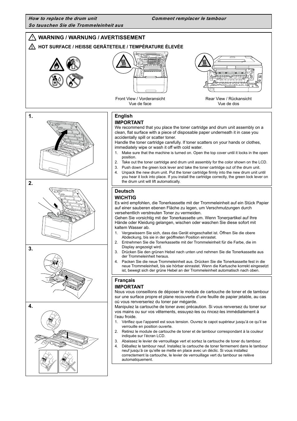 How to replace the drum unit, So tauschen sie die trommeleinheit aus, Comment remplacer le tambour | Warning / warnung / avertissement | Brother MFC-9340CDW User Manual | Page 2 / 20