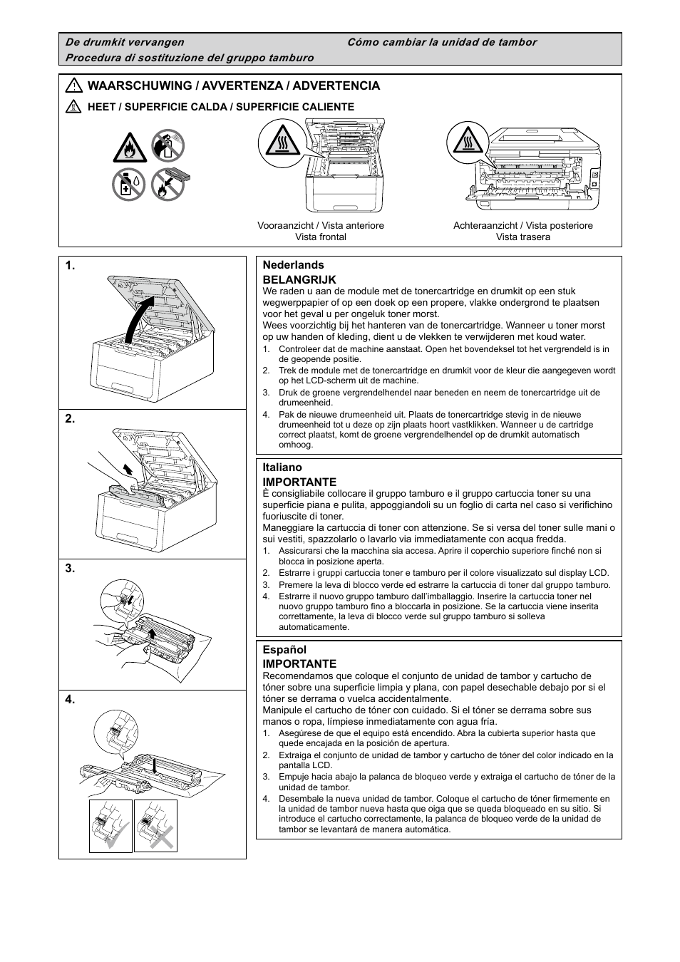 De drumkit vervangen, Procedura di sostituzione del gruppo tamburo, Cómo cambiar la unidad de tambor | Waarschuwing / avvertenza / advertencia | Brother MFC-9340CDW User Manual | Page 4 / 20