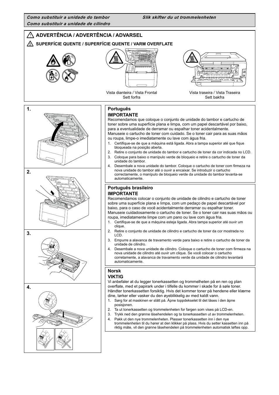 Como substituir a unidade do tambor, Como substituir a unidade de cilindro, Slik skifter du ut trommelenheten | Advertência / advertência / advarsel | Brother MFC-9340CDW User Manual | Page 6 / 20