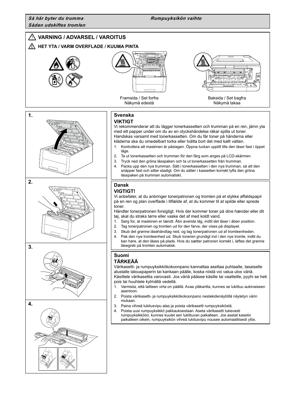 Så här byter du trumma, Sådan udskiftes tromlen, Rumpuyksikön vaihto | Varning / advarsel / varoitus | Brother MFC-9340CDW User Manual | Page 8 / 20