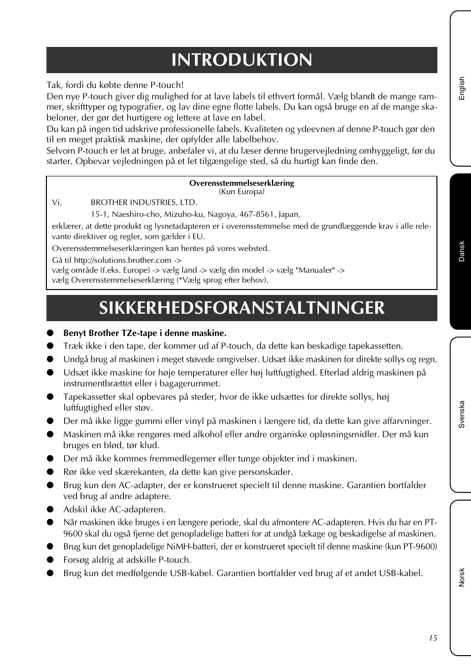 Dansk, Introduktion, Sikkerhedsforanstaltninger | Brother PT-3600 User Manual | Page 17 / 60