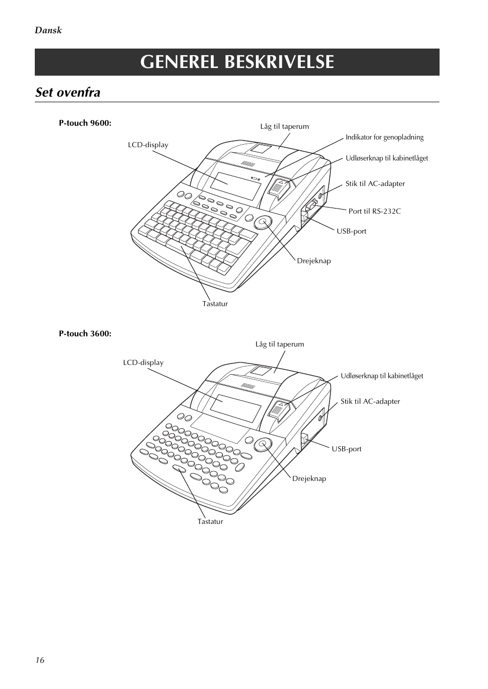 Generel beskrivelse, Set ovenfra | Brother PT-3600 User Manual | Page 18 / 60