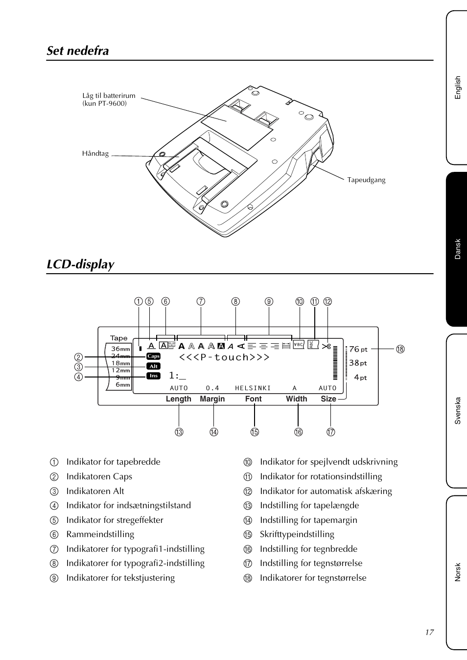 Set nedefra, Lcd-display, Set nedefra lcd-display | Brother PT-3600 User Manual | Page 19 / 60