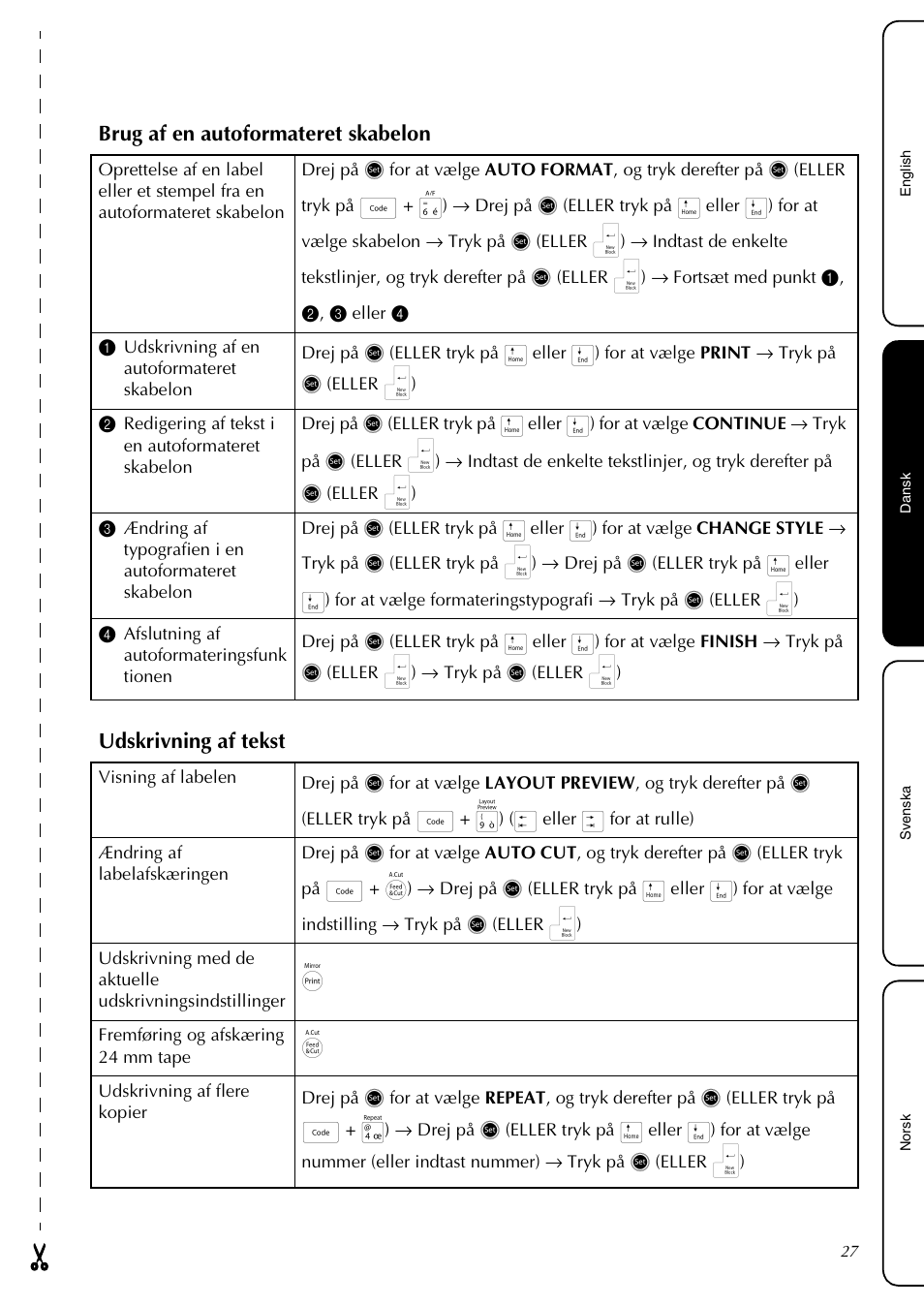 Brug af en autoformateret skabelon, Udskrivning af tekst | Brother PT-3600 User Manual | Page 29 / 60