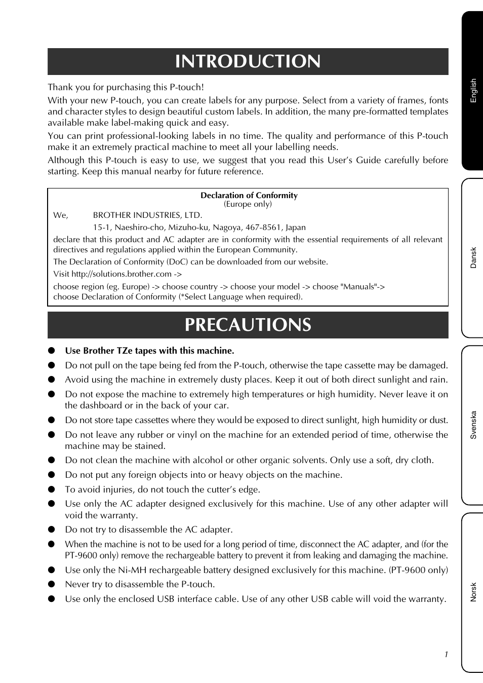 Introduction, Precautions | Brother PT-3600 User Manual | Page 3 / 60