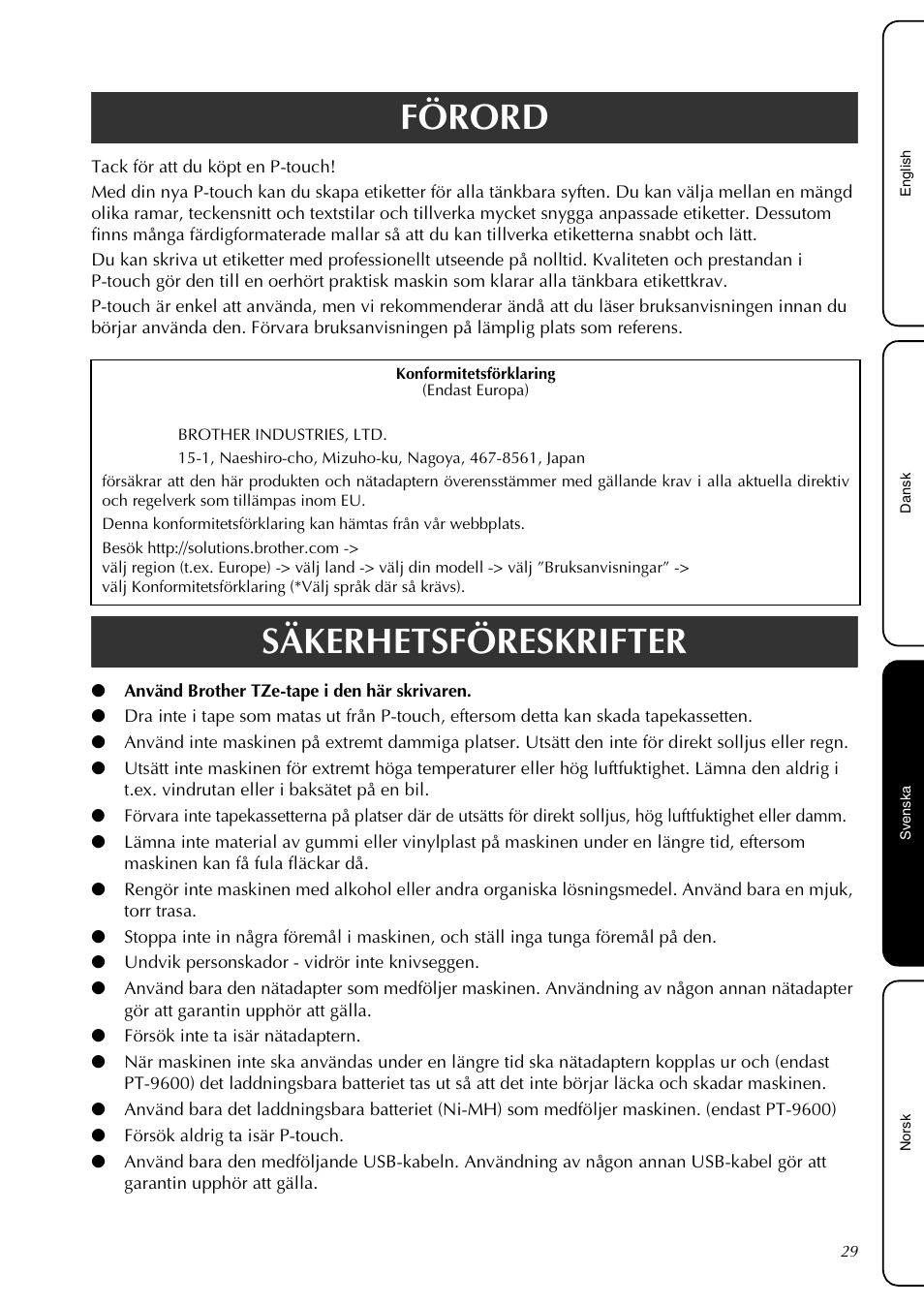 Svenska, Förord, Säkerhetsföreskrifter | Brother PT-3600 User Manual | Page 31 / 60