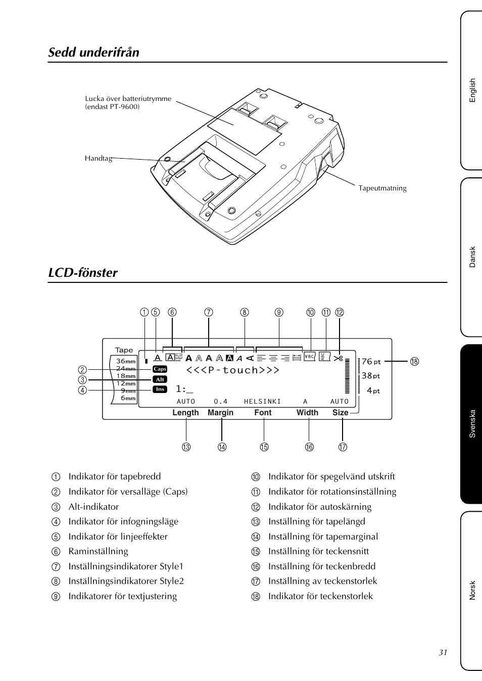 Sedd underifrån, Lcd-fönster, Sedd underifrån lcd-fönster | Brother PT-3600 User Manual | Page 33 / 60