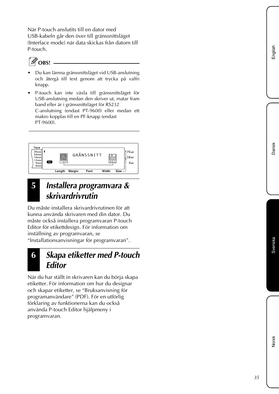 Installera programvara & skrivardrivrutin, Skapa etiketter med p-touch editor, 5installera programvara & skrivardrivrutin | 6skapa etiketter med p-touch editor | Brother PT-3600 User Manual | Page 37 / 60