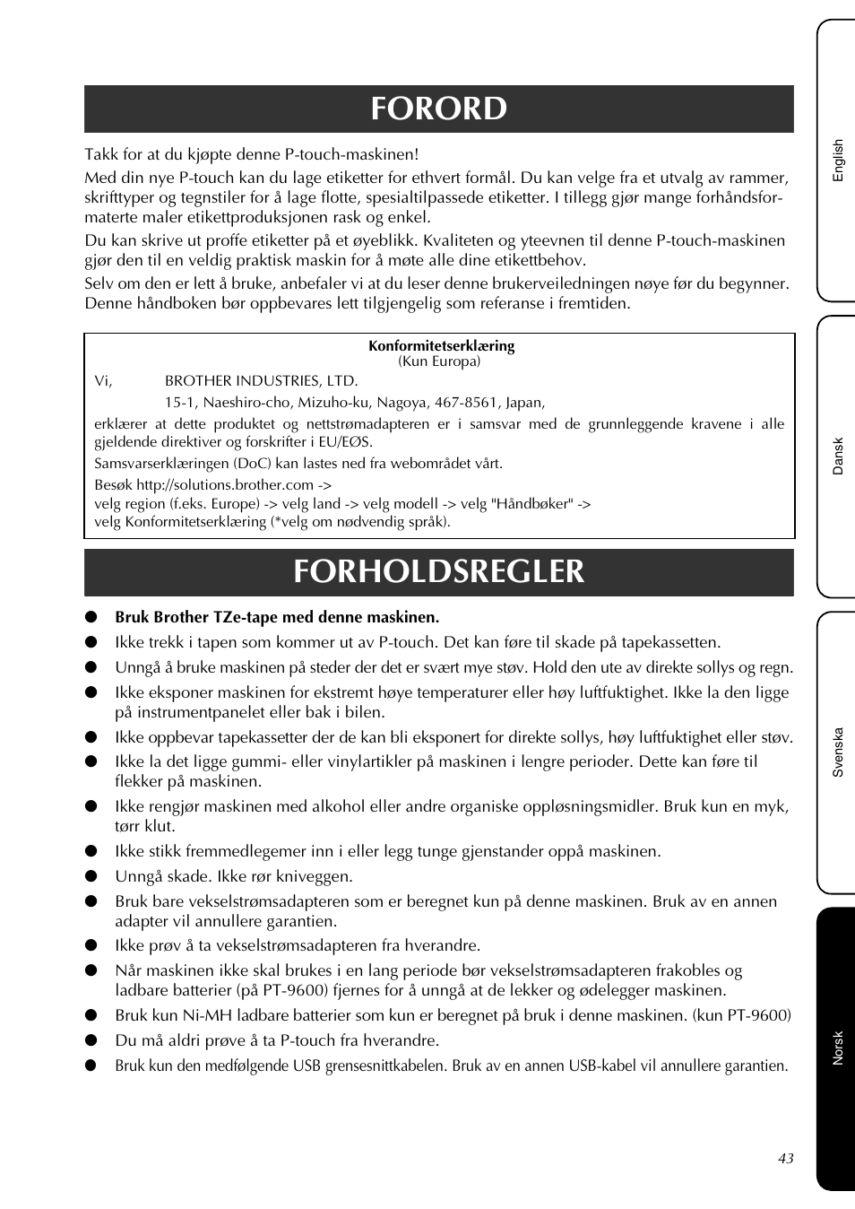 Norsk, Forord, Forholdsregler | Brother PT-3600 User Manual | Page 45 / 60