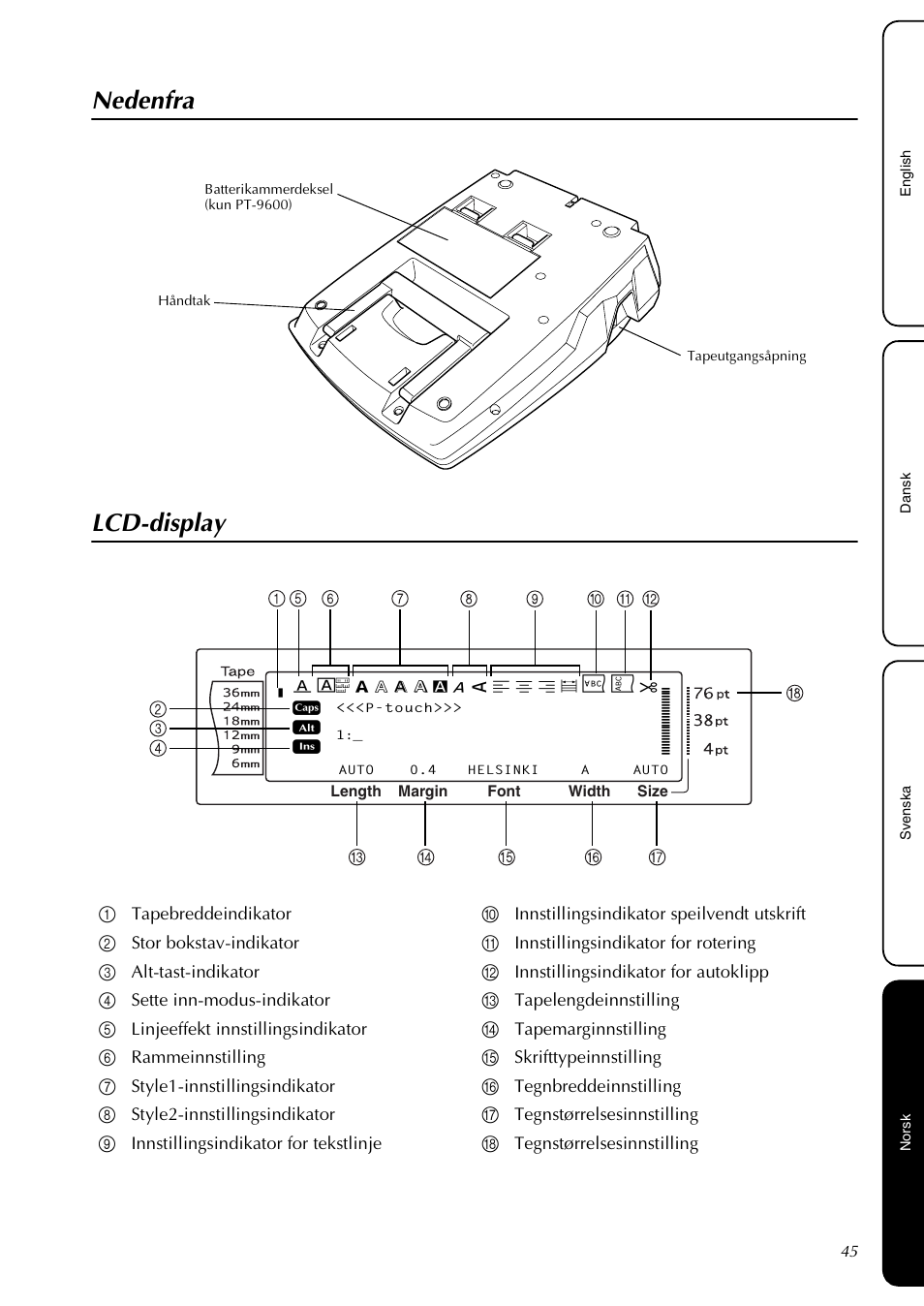 Nedenfra, Lcd-display, Nedenfra lcd-display | Brother PT-3600 User Manual | Page 47 / 60