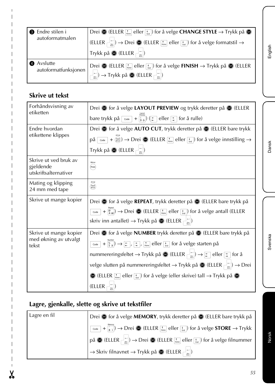 Skrive ut tekst, Lagre, gjenkalle, slette og skrive ut tekstfiler | Brother PT-3600 User Manual | Page 57 / 60