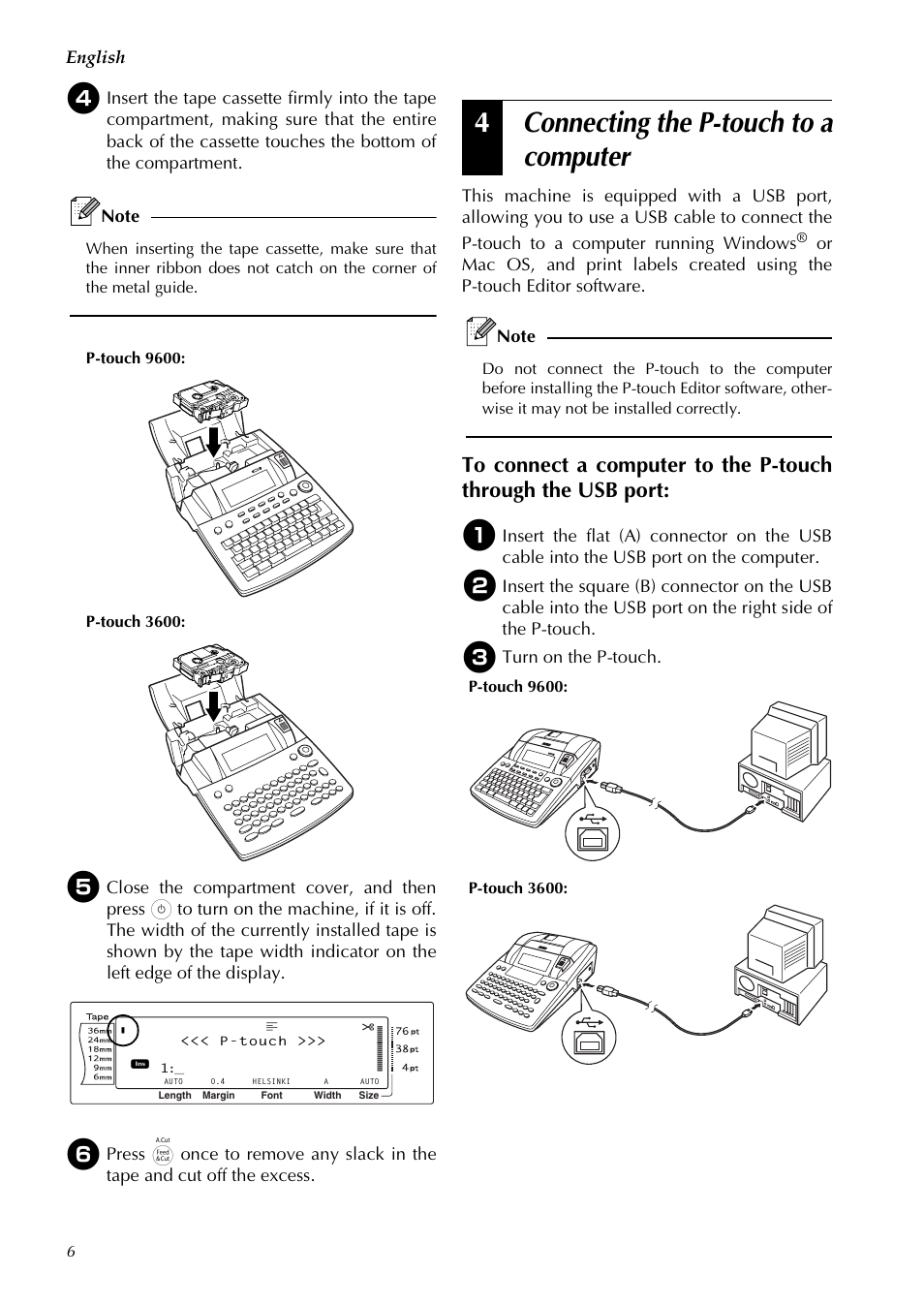 Connecting the p-touch to a computer, 4connecting the p-touch to a computer, English | Turn on the p-touch | Brother PT-3600 User Manual | Page 8 / 60