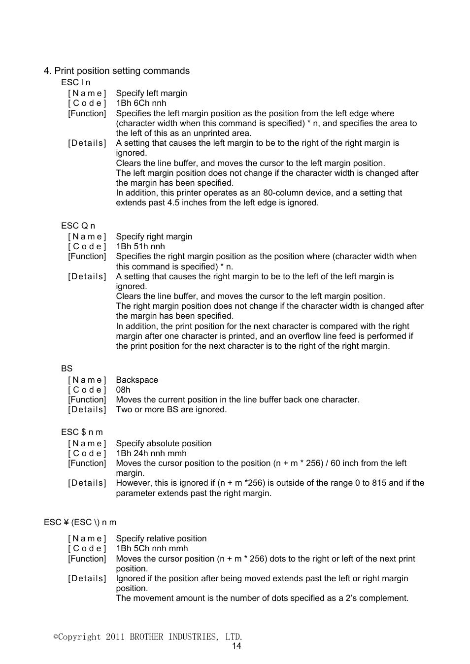 Print position setting commands | Brother PJ-623 User Manual | Page 14 / 32