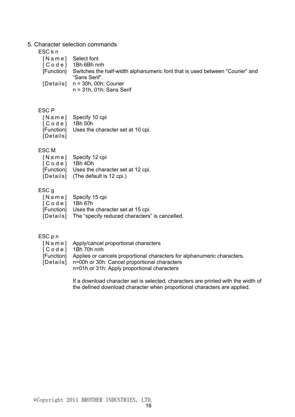 Character selection commands | Brother PJ-623 User Manual | Page 16 / 32