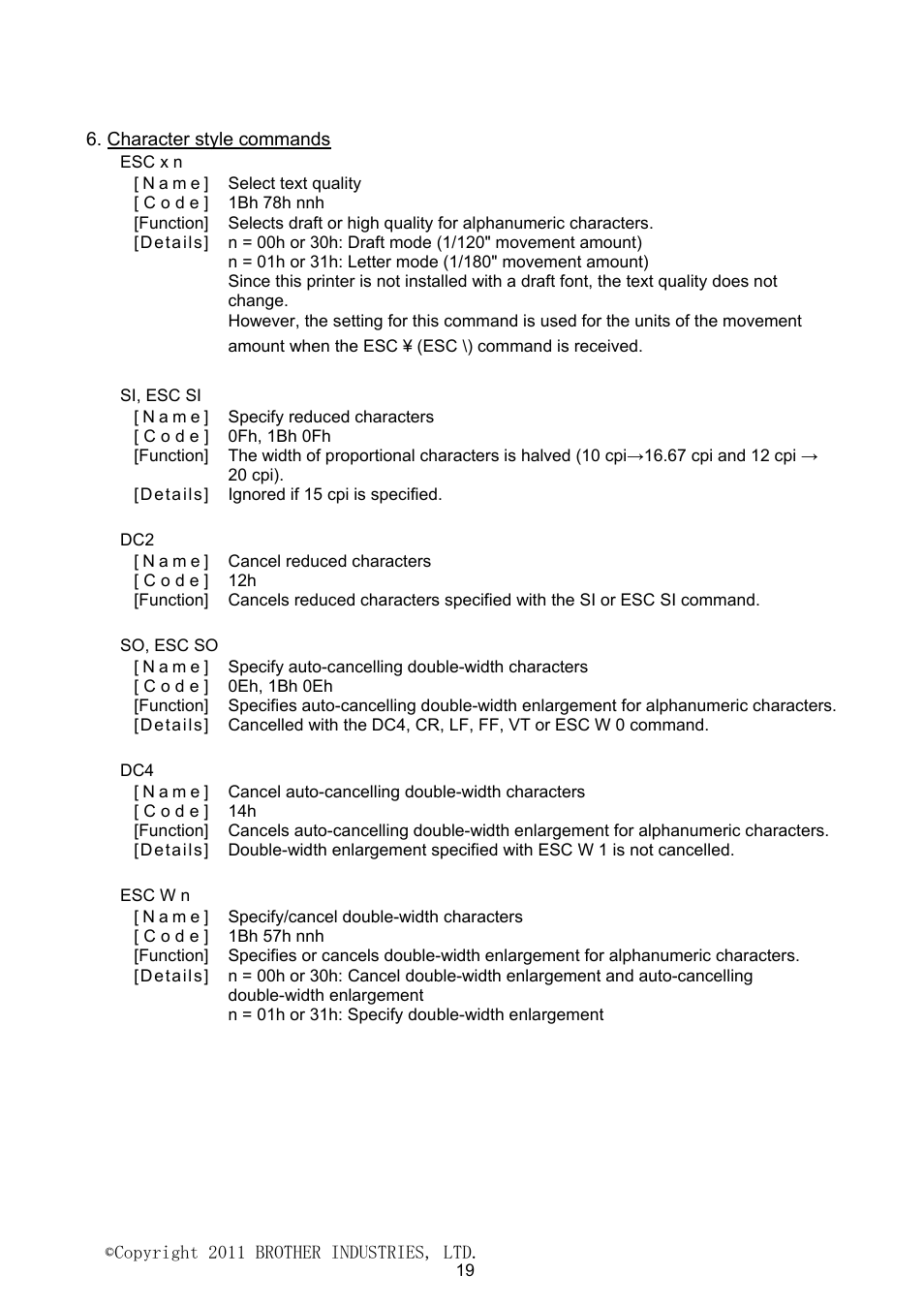 Character style commands | Brother PJ-623 User Manual | Page 19 / 32