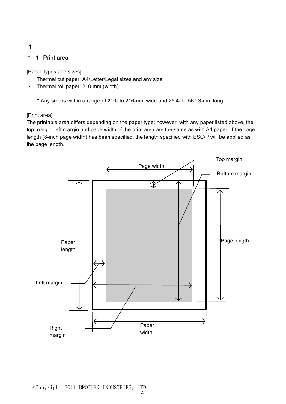 Esc/p commands, Print area | Brother PJ-623 User Manual | Page 4 / 32