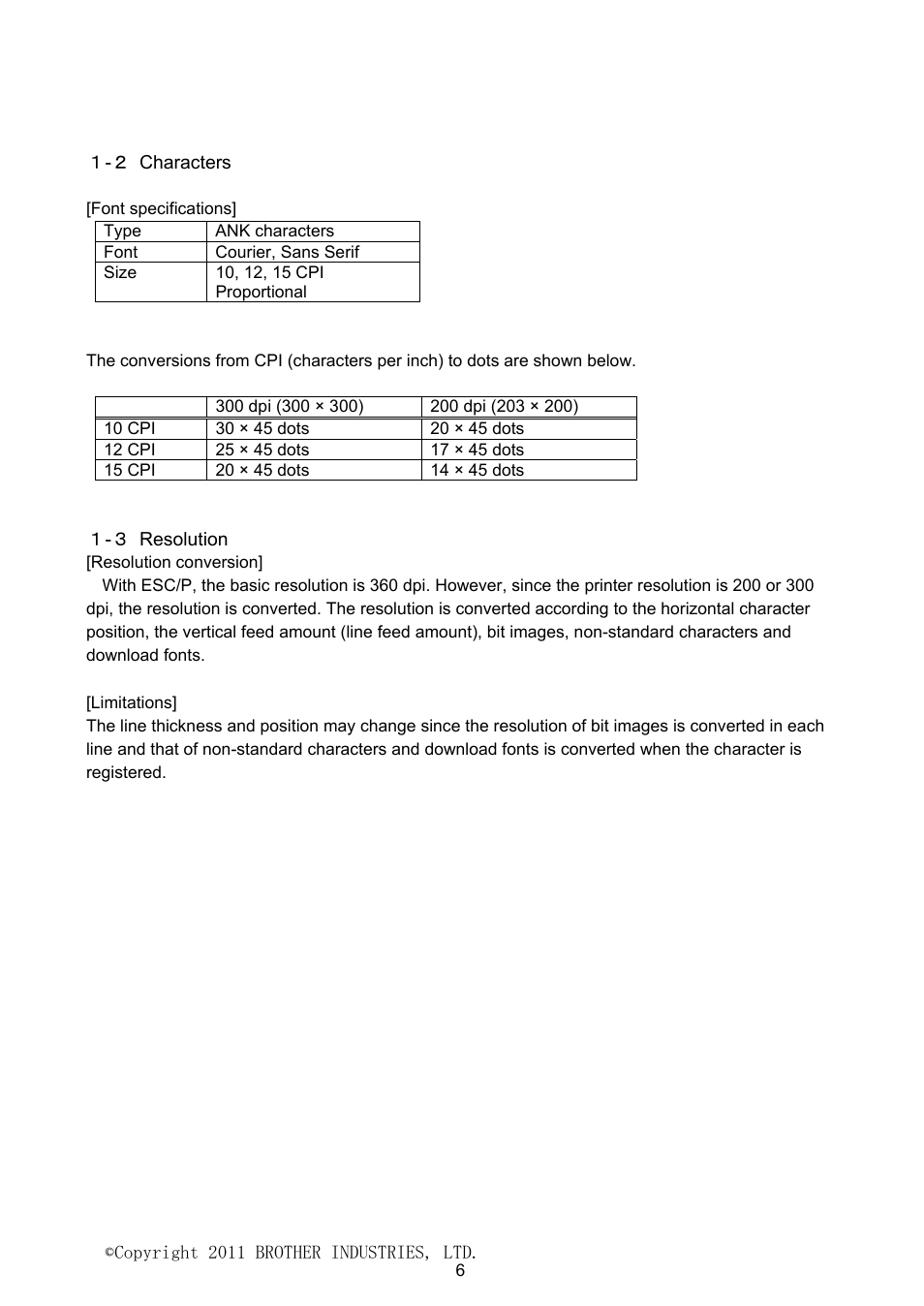 Characters, Resolution | Brother PJ-623 User Manual | Page 6 / 32