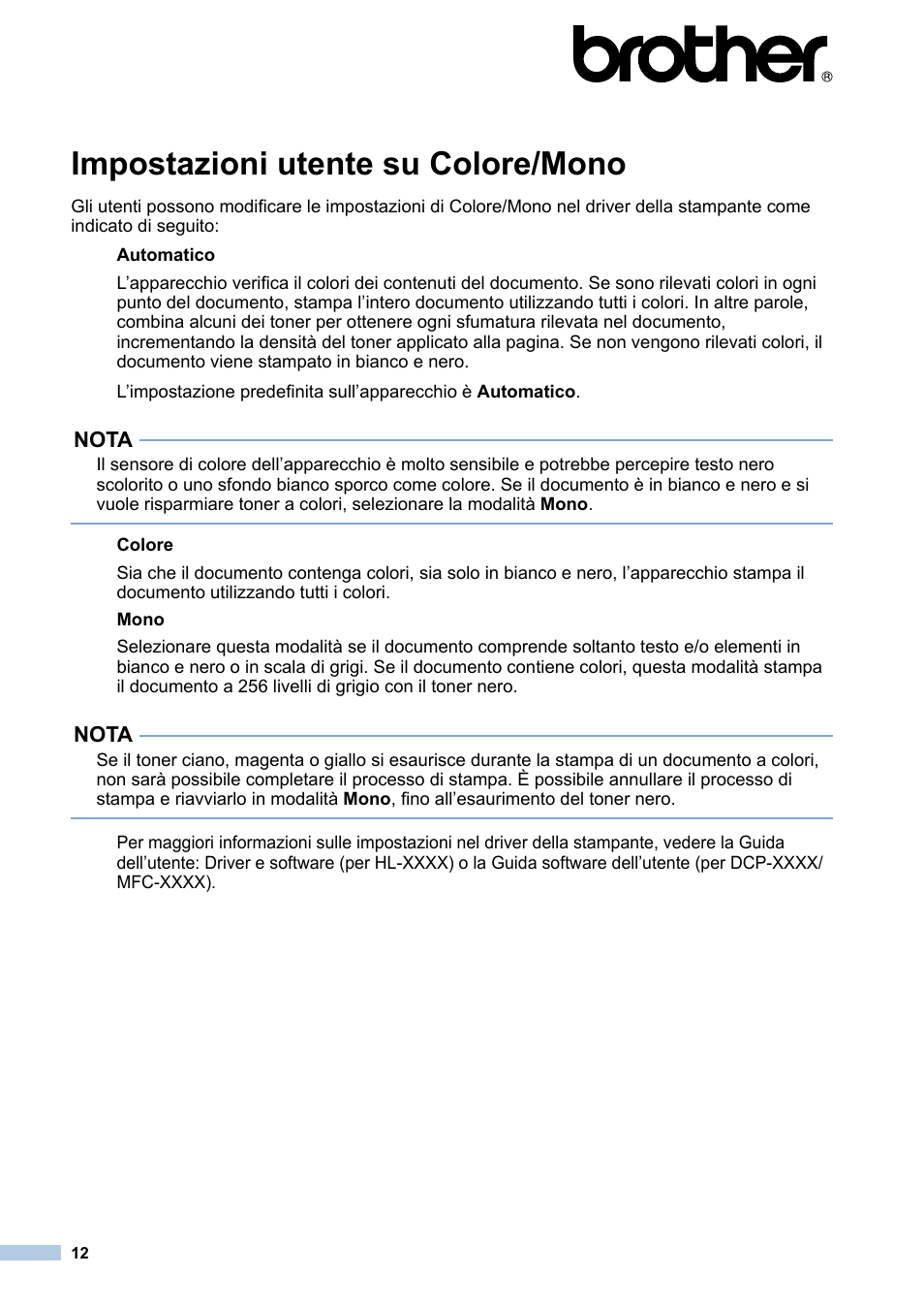 Italiano, Impostazioni utente su colore/mono | Brother HL-3170CDW User Manual | Page 12 / 21