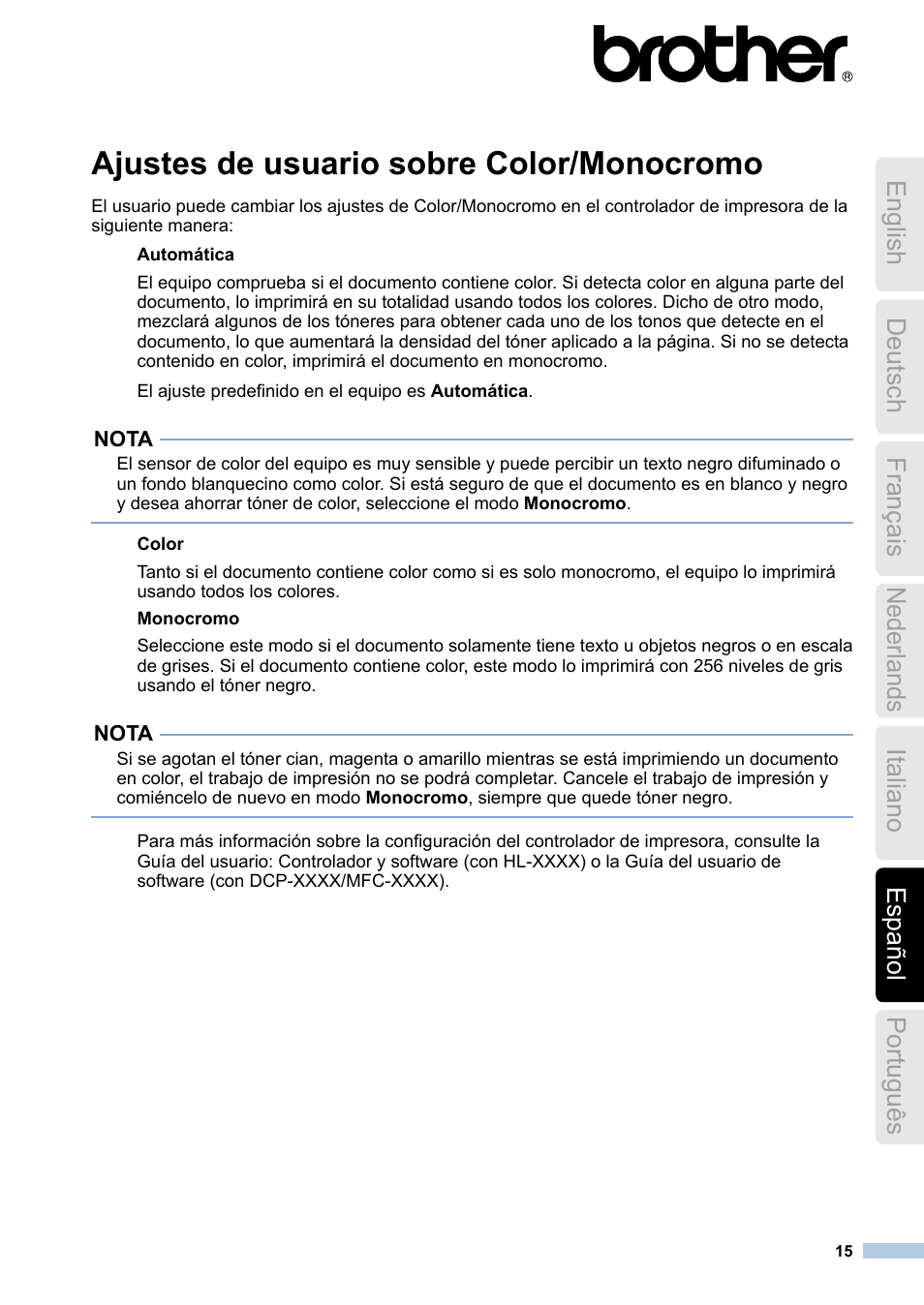 Español, Ajustes de usuario sobre color/monocromo | Brother HL-3170CDW User Manual | Page 15 / 21