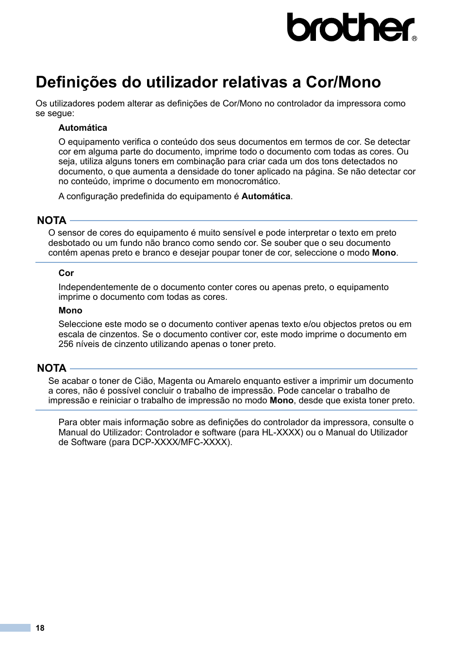 Português, Definições do utilizador relativas a cor/mono | Brother HL-3170CDW User Manual | Page 18 / 21