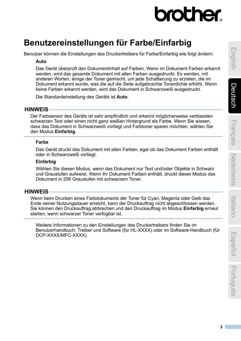 Deutsch, Benutzereinstellungen für farbe/einfarbig | Brother HL-3170CDW User Manual | Page 3 / 21