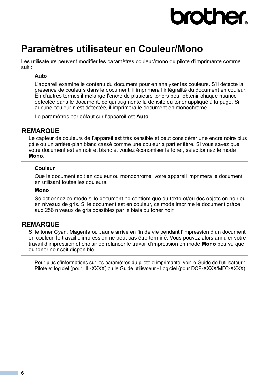 Français, Paramètres utilisateur en couleur/mono | Brother HL-3170CDW User Manual | Page 6 / 21