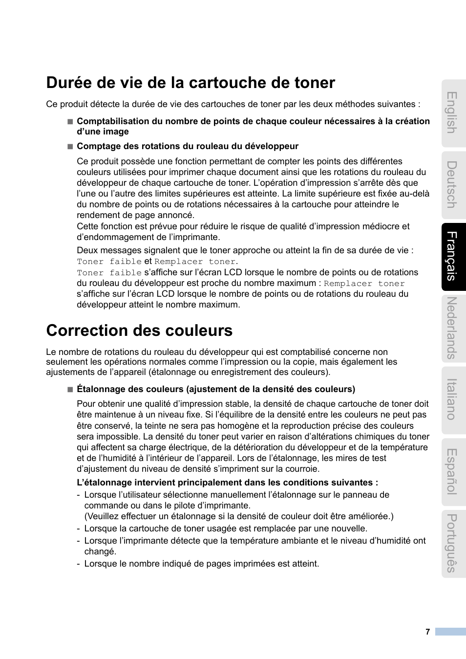 Durée de vie de la cartouche de toner, Correction des couleurs | Brother HL-3170CDW User Manual | Page 7 / 21