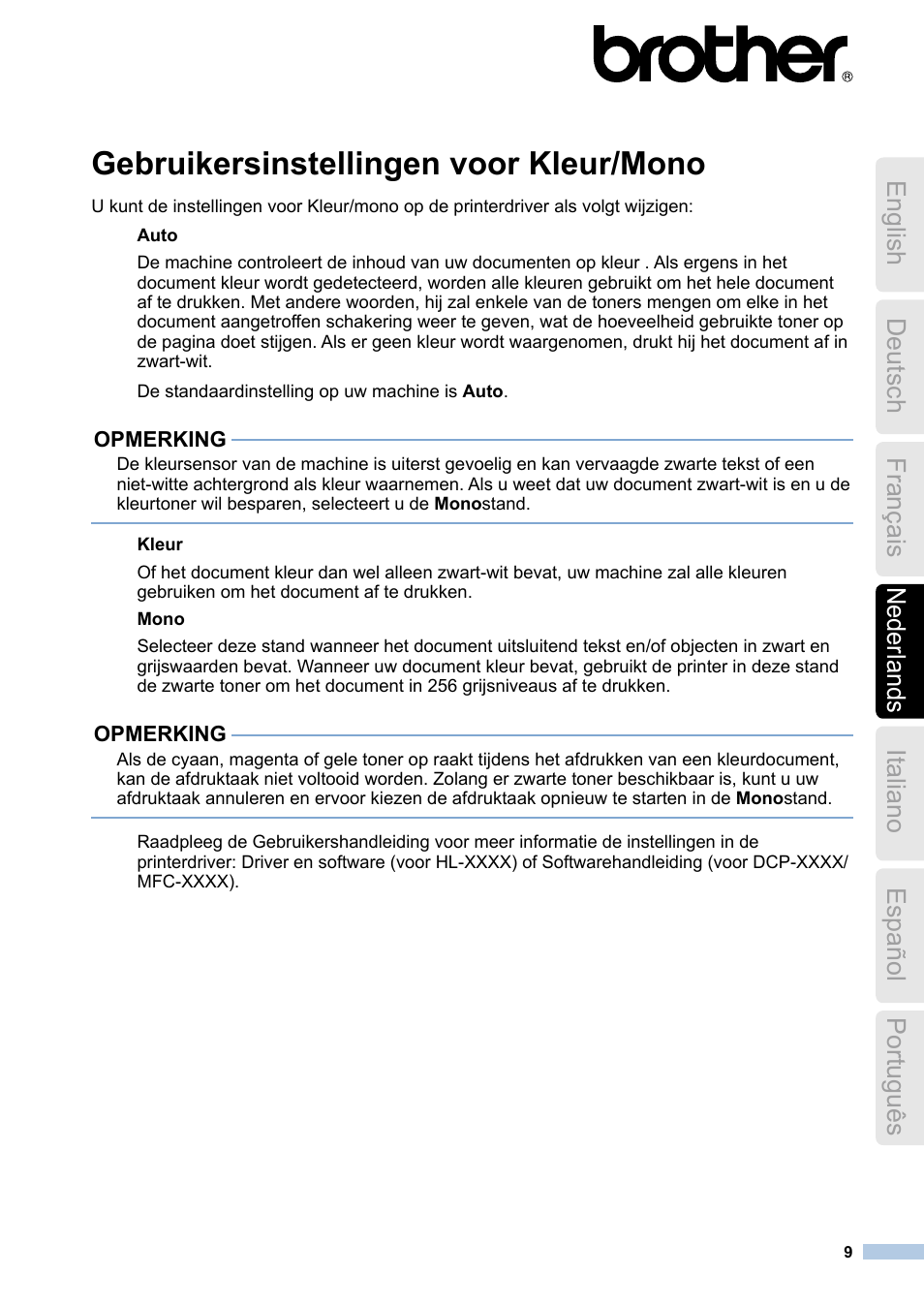 Nederlands, Gebruikersinstellingen voor kleur/mono | Brother HL-3170CDW User Manual | Page 9 / 21