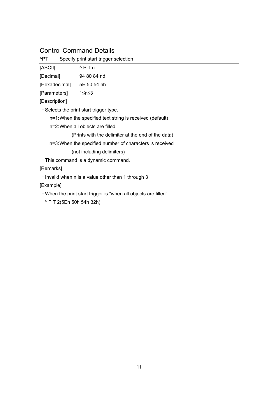 Control command details, Pt specify print start trigger selection, Specify print start trigger selection | Brother PJ-663 User Manual | Page 33 / 76