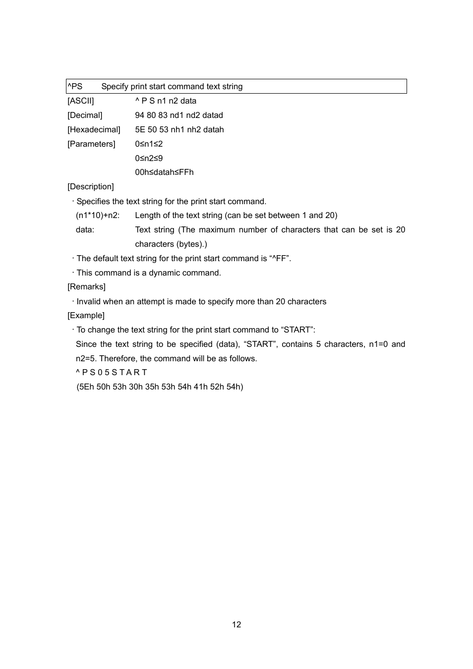 Ps specify print start command text string, Specify print start command text string | Brother PJ-663 User Manual | Page 34 / 76