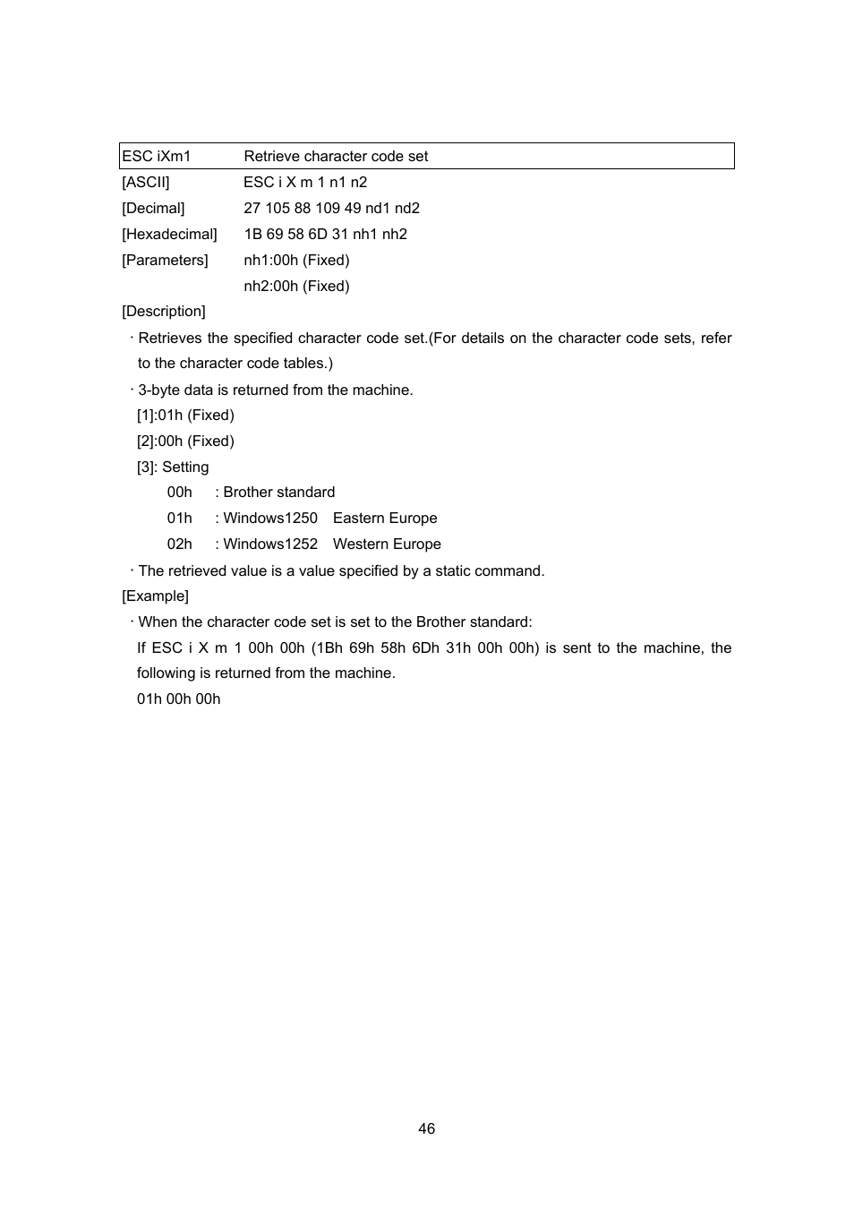 Esc ixm1 retrieve character code set | Brother PJ-663 User Manual | Page 68 / 76
