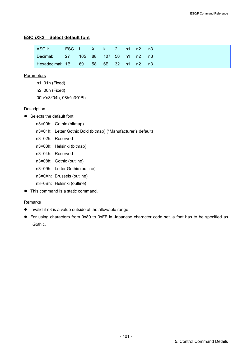 Esc ixk2 select default font, Esc ixk2, Select default font | Brother TD-2120N User Manual | Page 107 / 126