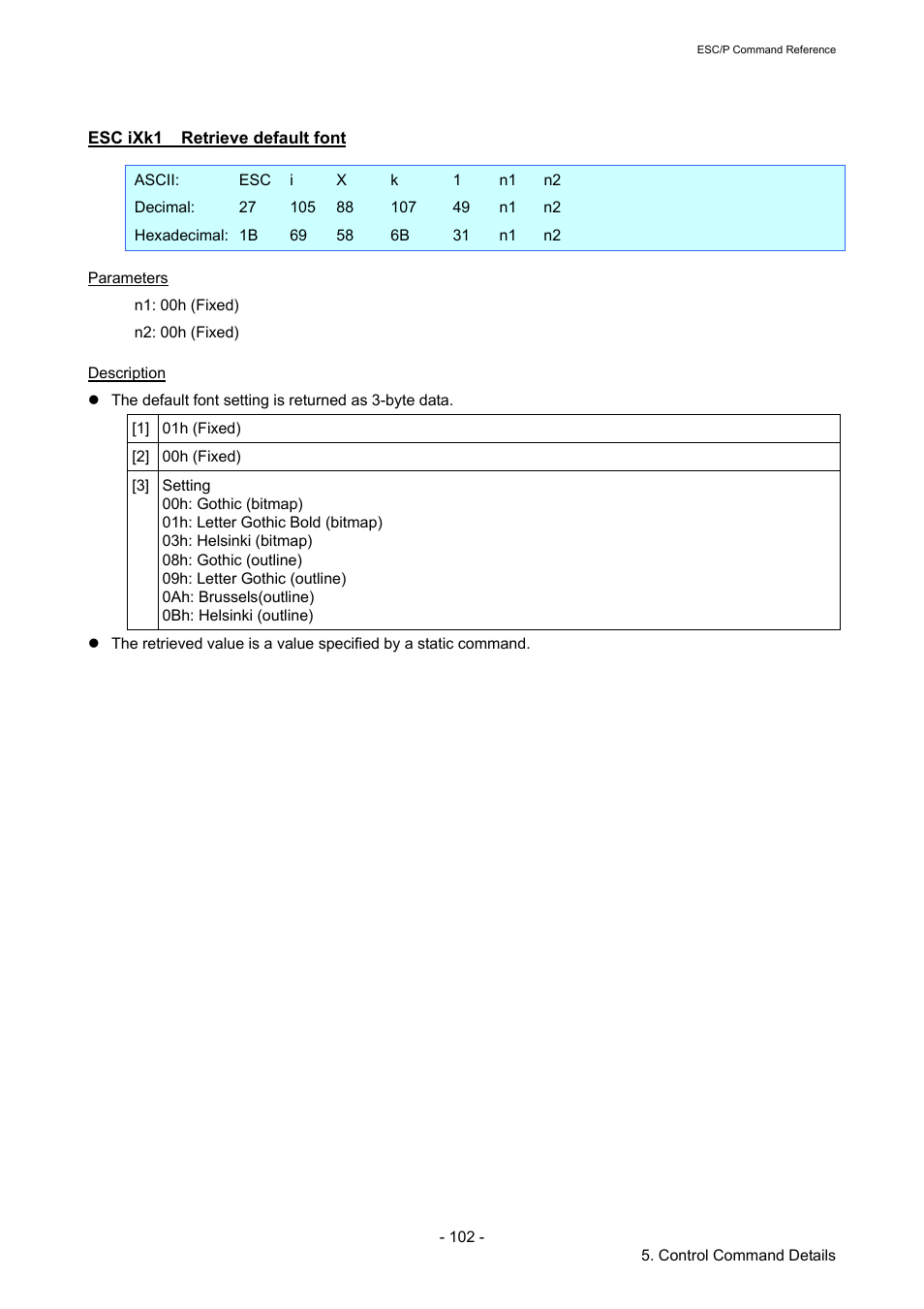 Esc ixk1 retrieve default font, Esc ixk1, Retrieve default font | Brother TD-2120N User Manual | Page 108 / 126