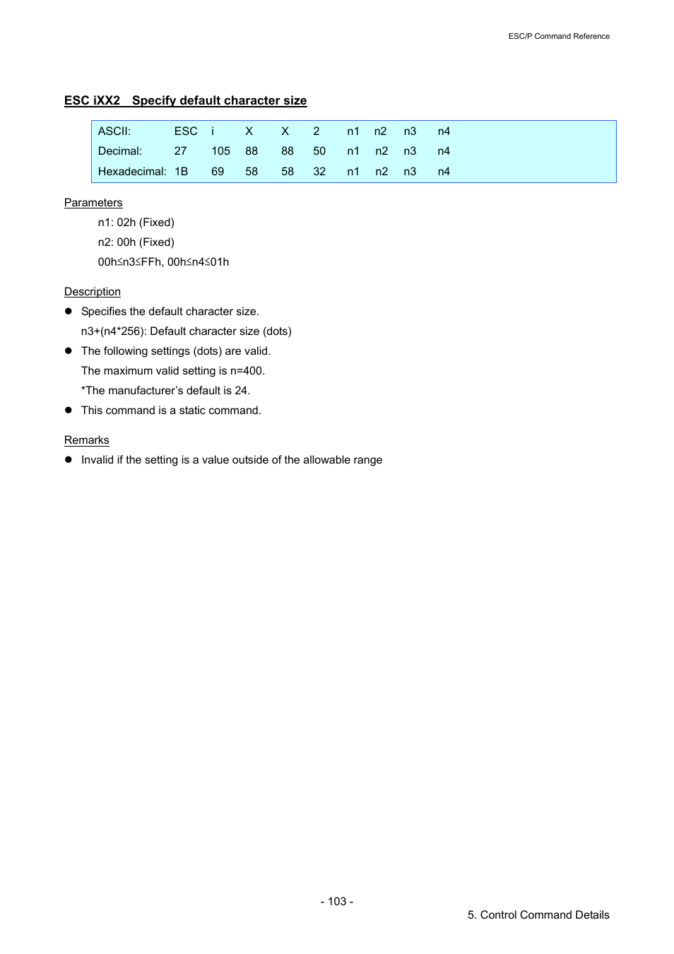 Esc ixx2 specify default character size, Esc ixx2, Specify default character size | Brother TD-2120N User Manual | Page 109 / 126